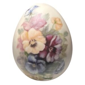 Vintage White Porcelain Egg Hand Painted w/ Violet Flowers Pansies Easter Spring